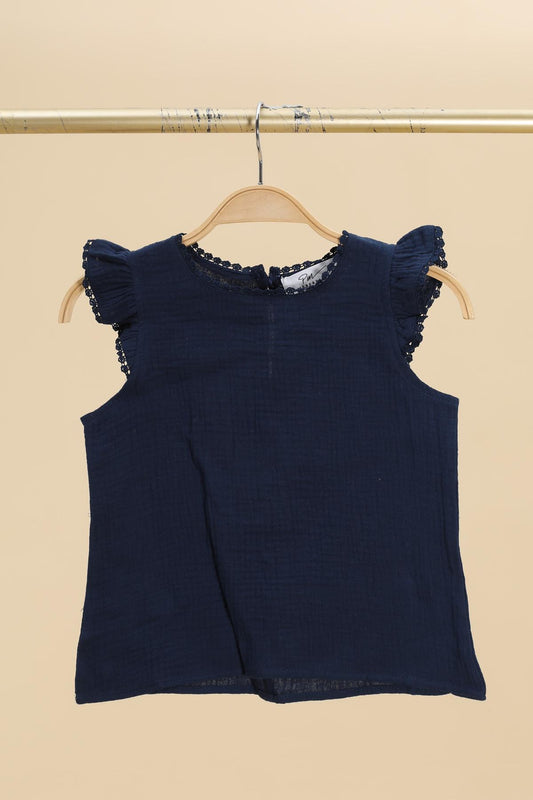 Débardeur col rond manches volantées brodées